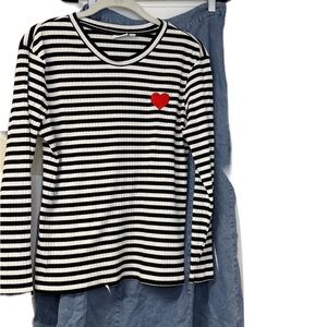 Striped Black & White Ribbed XL Shirt with Red Heart and denim maxi set casual